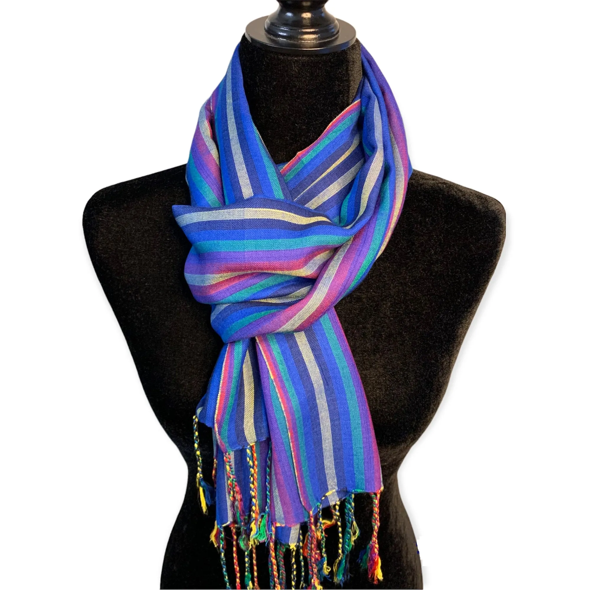 Small Striped Handwoven Bamboo Viscose Scarf - Blue & Cherry