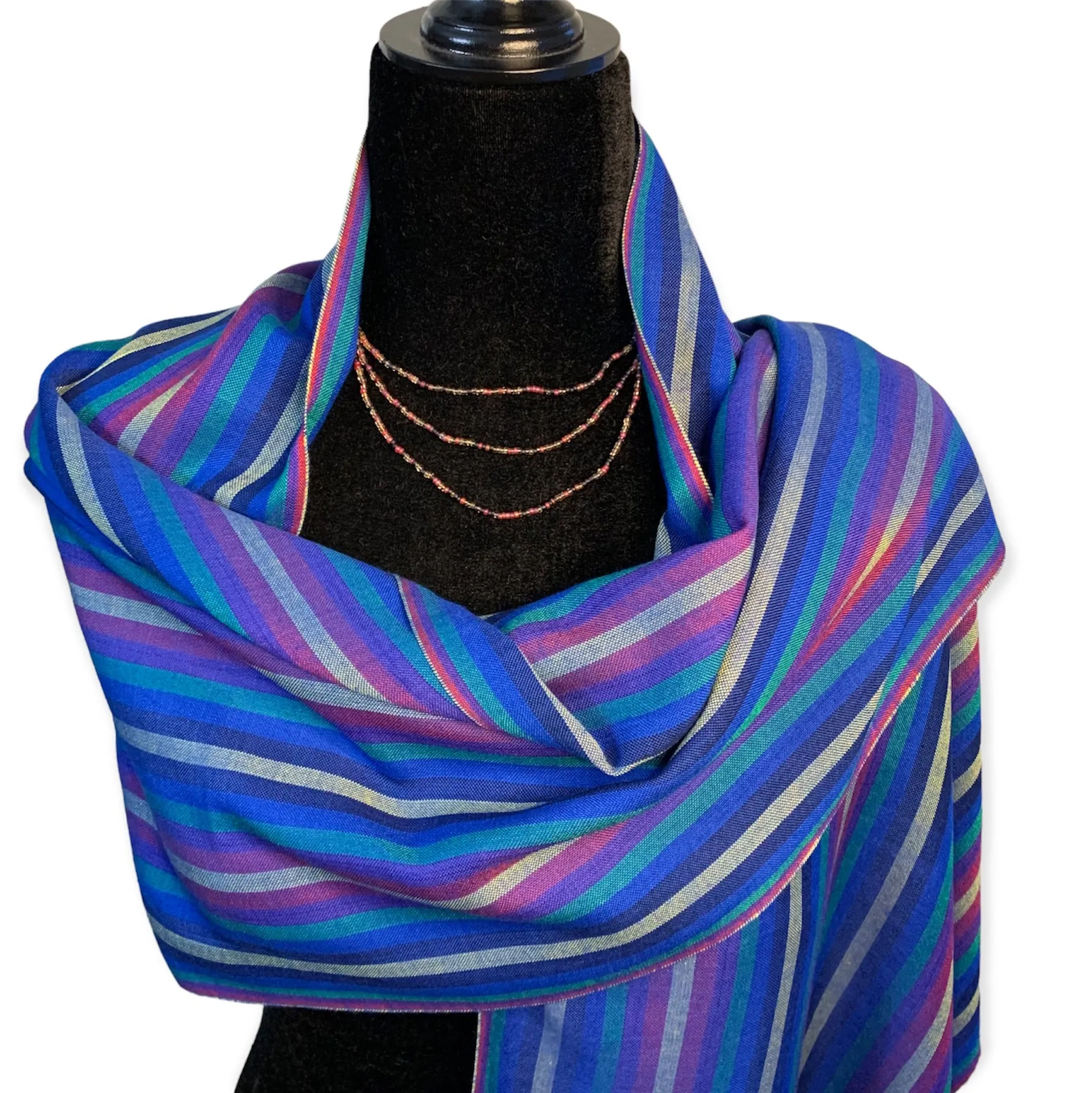 Small Striped Handwoven Bamboo Viscose Scarf - Blue & Cherry