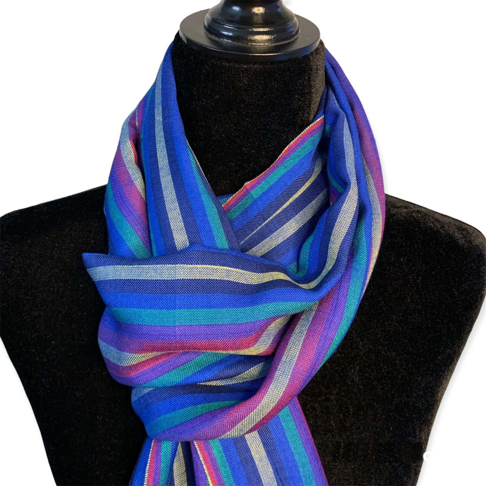 Small Striped Handwoven Bamboo Viscose Scarf - Blue & Cherry