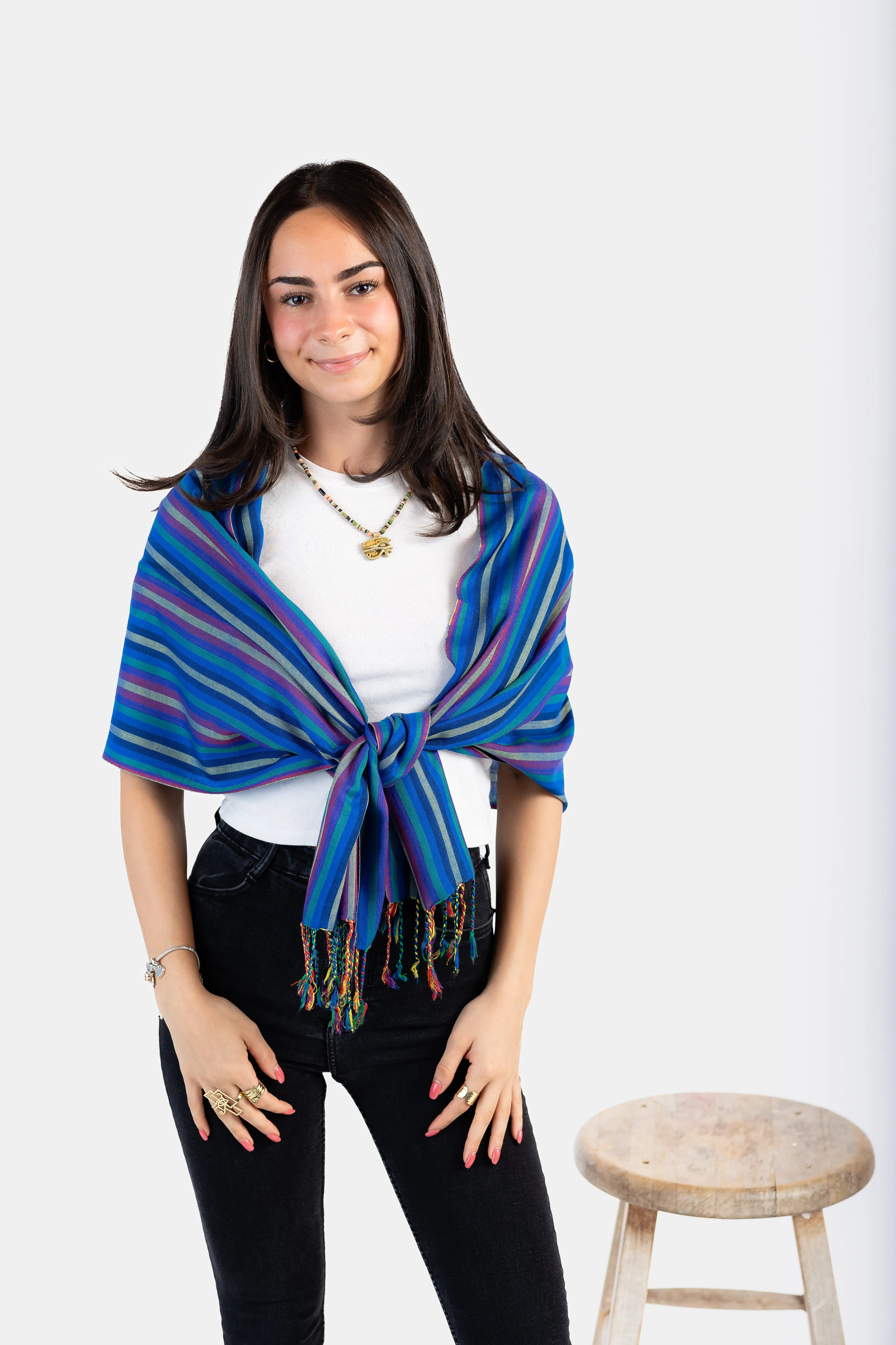 Small Striped Handwoven Bamboo Viscose Scarf - Blue & Cherry