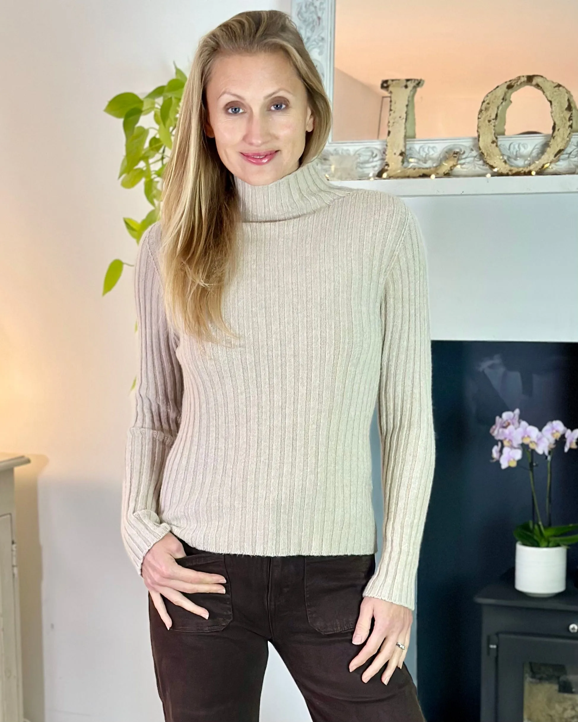 Soft Knit Turtle Neck Ribbed Jumper - Oatmeal