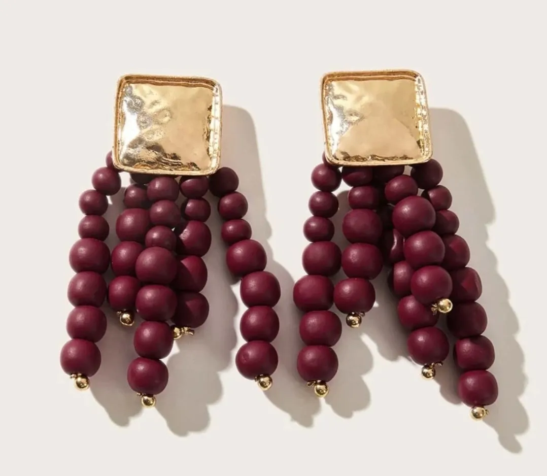 Stunning Satin Gold Tone, Wooden Bead Drop Earrings