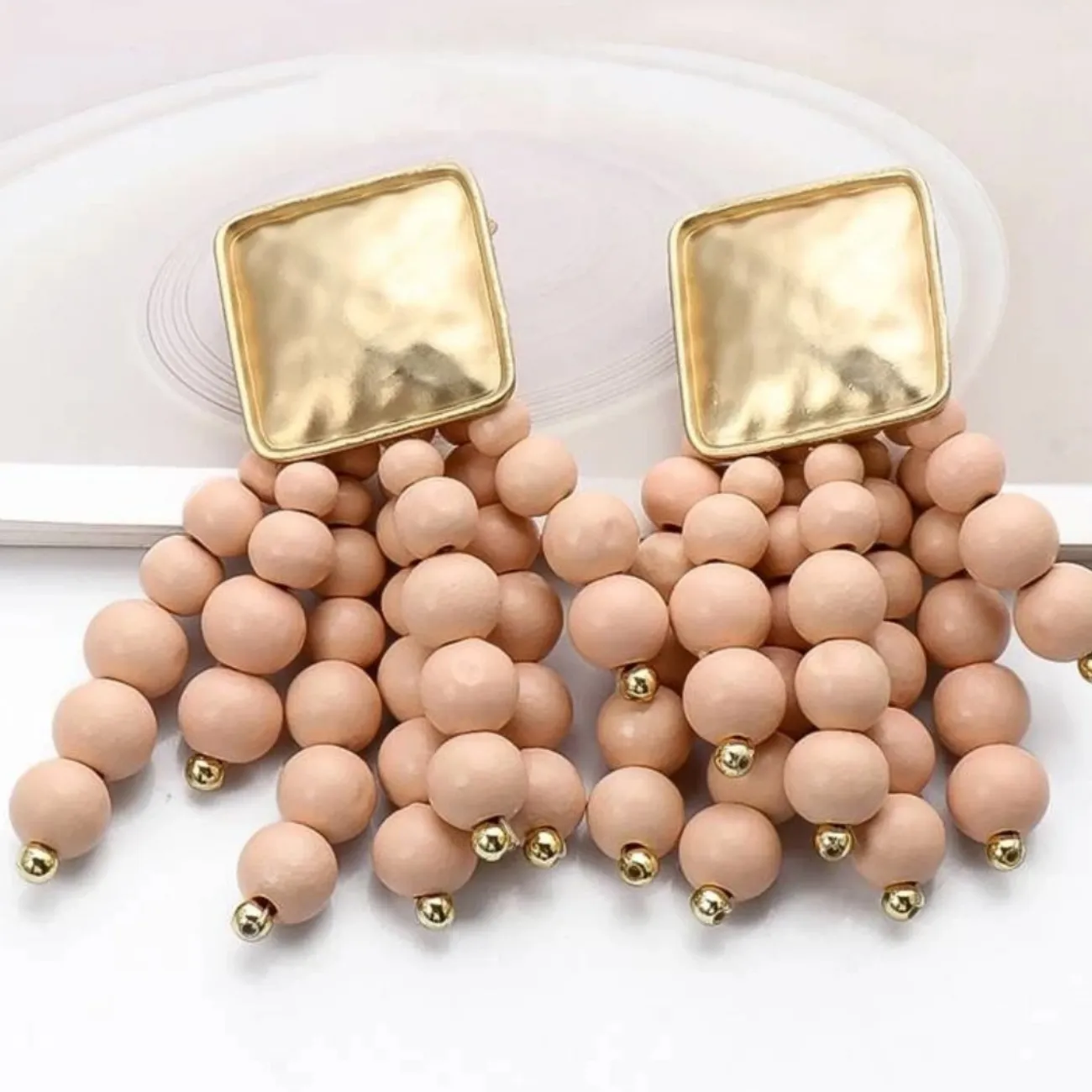 Stunning Satin Gold Tone, Wooden Bead Drop Earrings