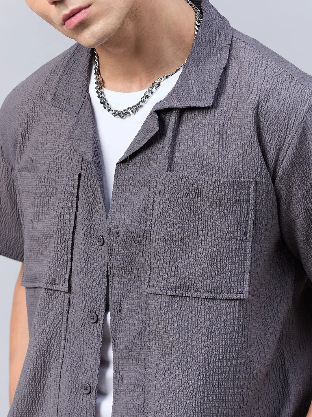 Style Quotient Men Grey Self Design Dropped Shoulder Shirt