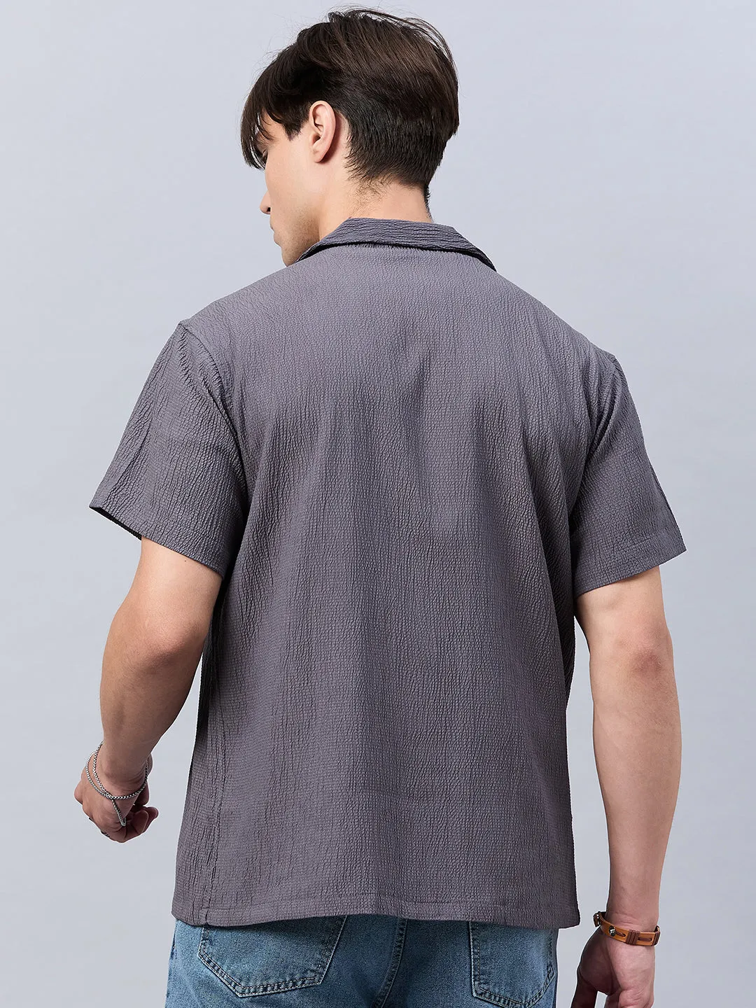 Style Quotient Men Grey Self Design Dropped Shoulder Shirt