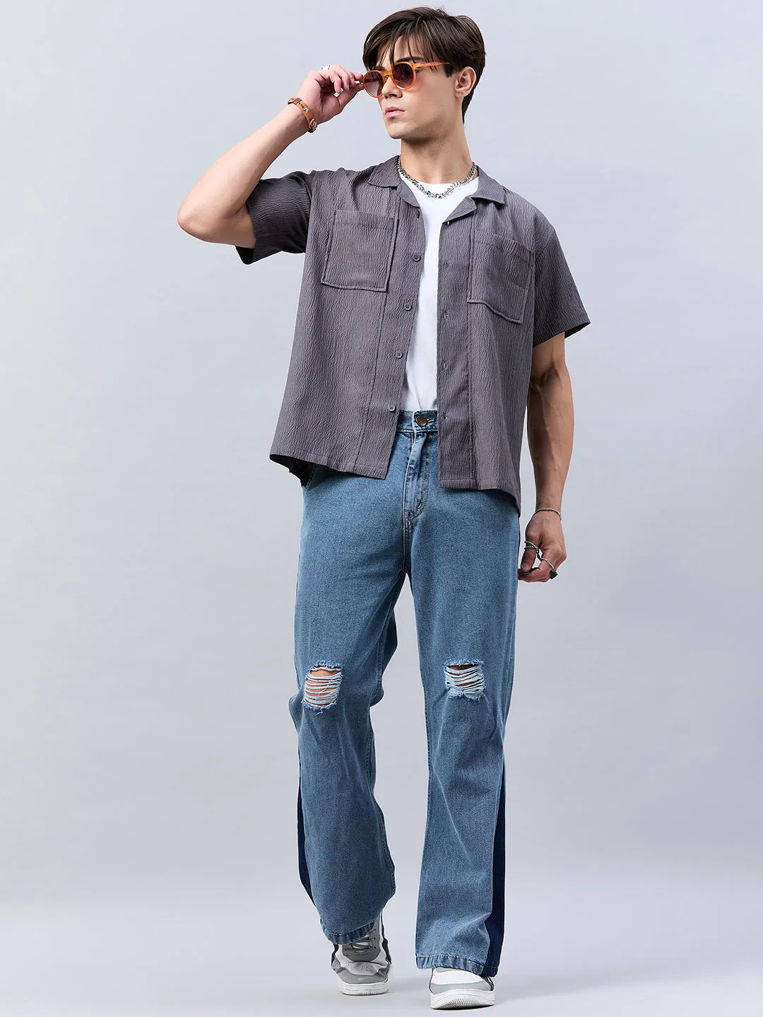 Style Quotient Men Grey Self Design Dropped Shoulder Shirt