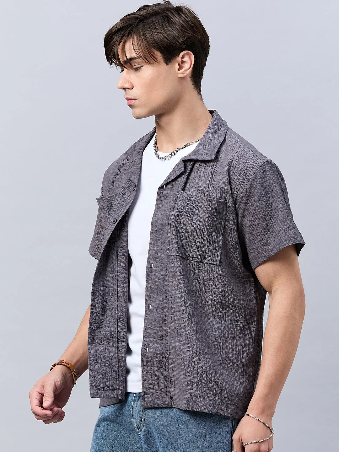 Style Quotient Men Grey Self Design Dropped Shoulder Shirt