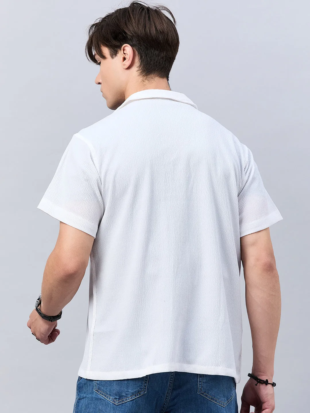 Style Quotient Men White Self Design Dropped Shoulder Shirt