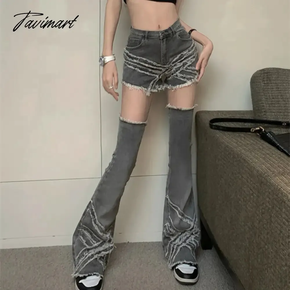 TAVIMART Streetwear Fashion Tassel Stitched Gray Jeans Women Autumn and Winter New High Waist Slim Fit Detachable Flared Pants