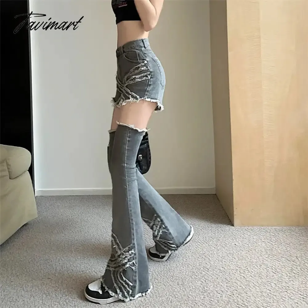 TAVIMART Streetwear Fashion Tassel Stitched Gray Jeans Women Autumn and Winter New High Waist Slim Fit Detachable Flared Pants