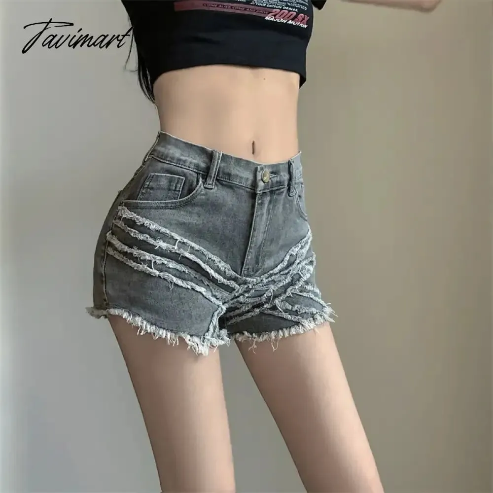 TAVIMART Streetwear Fashion Tassel Stitched Gray Jeans Women Autumn and Winter New High Waist Slim Fit Detachable Flared Pants