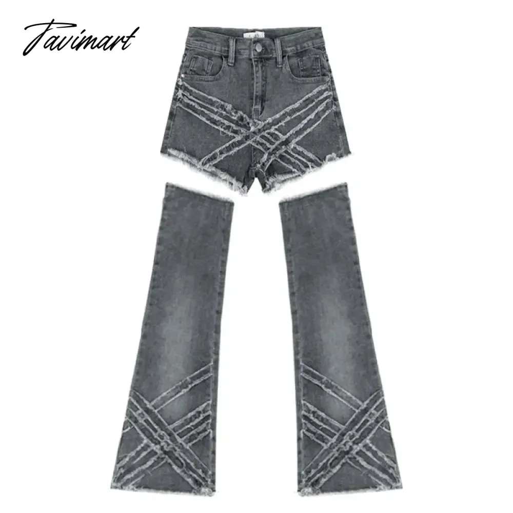 TAVIMART Streetwear Fashion Tassel Stitched Gray Jeans Women Autumn and Winter New High Waist Slim Fit Detachable Flared Pants