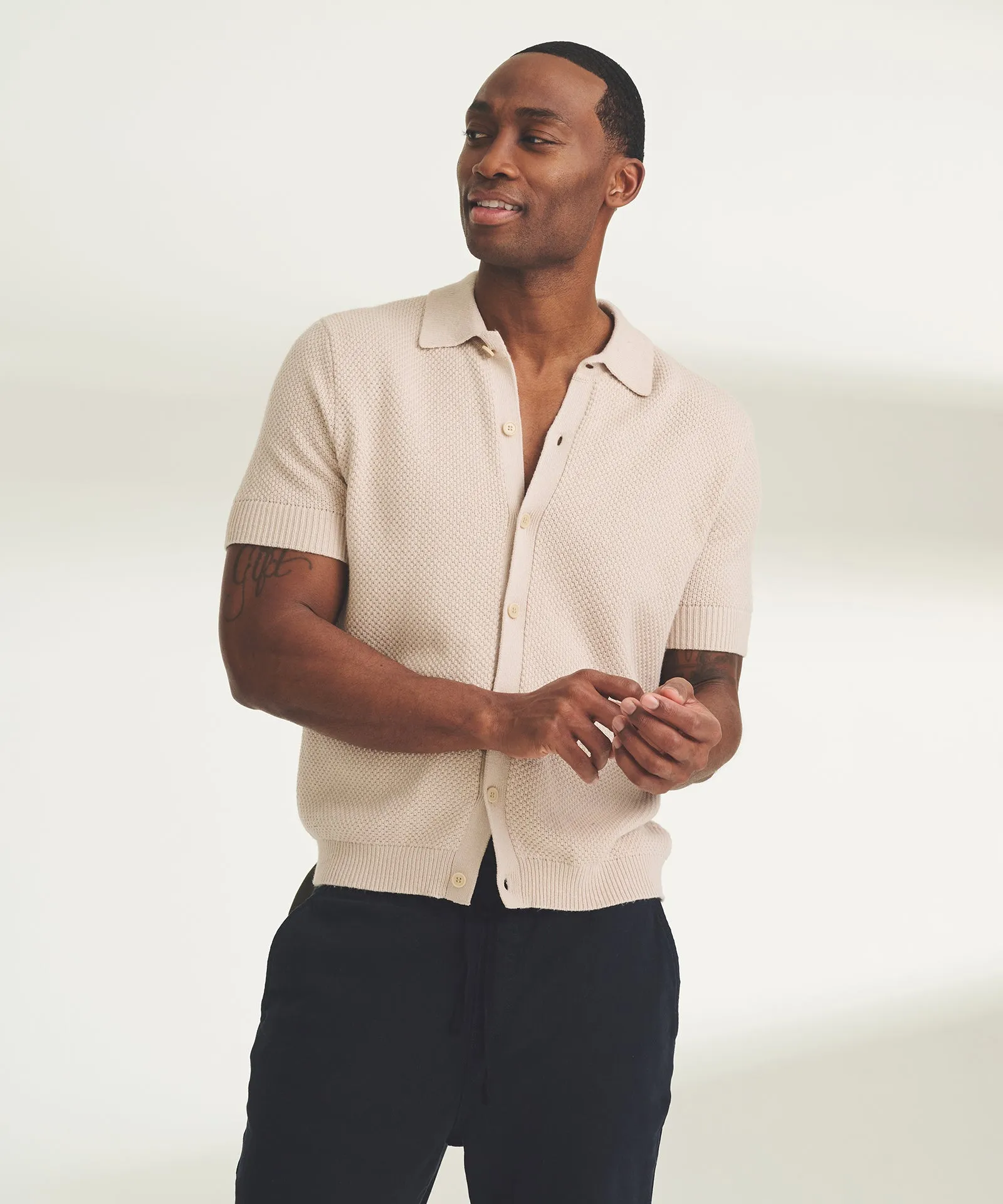 Textured Cotton Short Sleeve Button Up