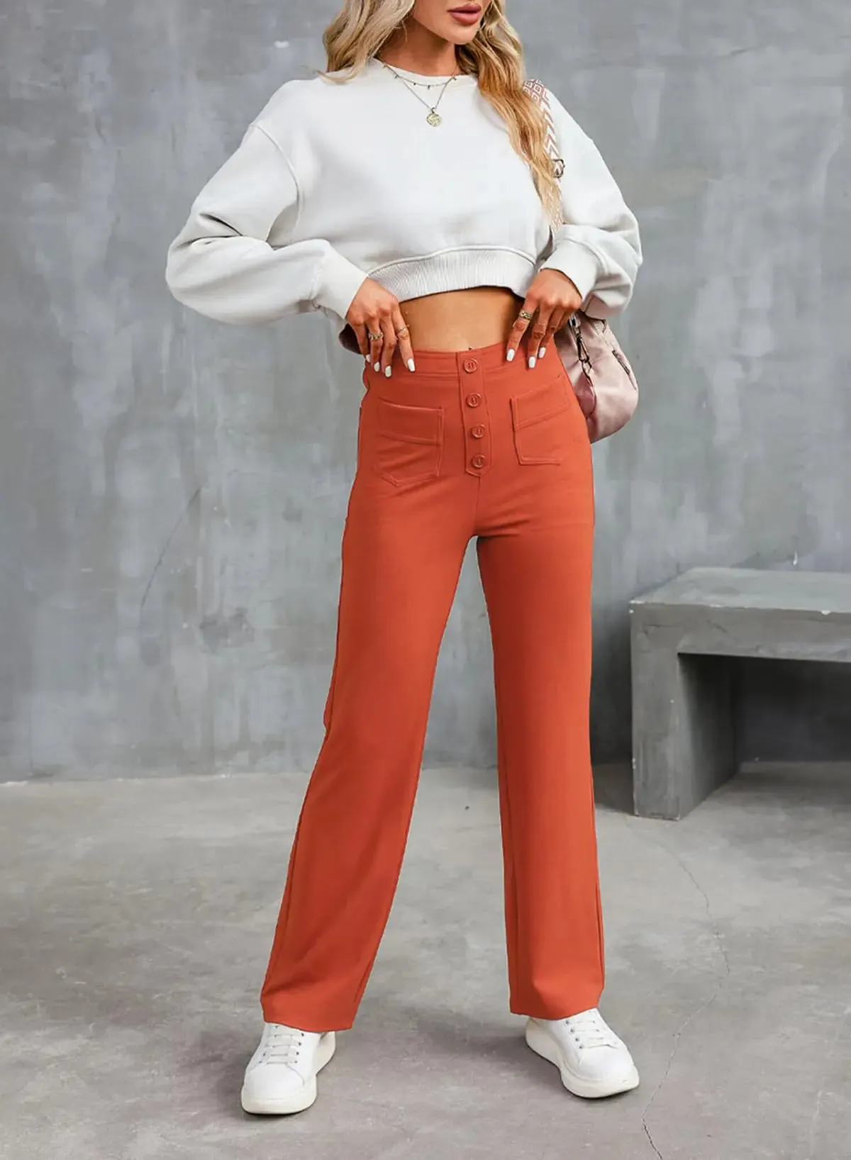 Toleet-Winter Outfits Christmas Black Friday Women's Casual Straight Cargo Pants Leg Pants With High Waist Button Elastic Business Work Pants With Multiple Pockets