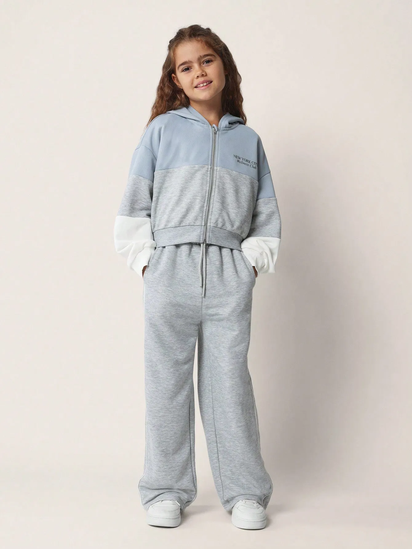 Tween Girls Comfy Zip-Up Colour Block Hoodie & Straight Fit Sweatpants 2 Piece Set