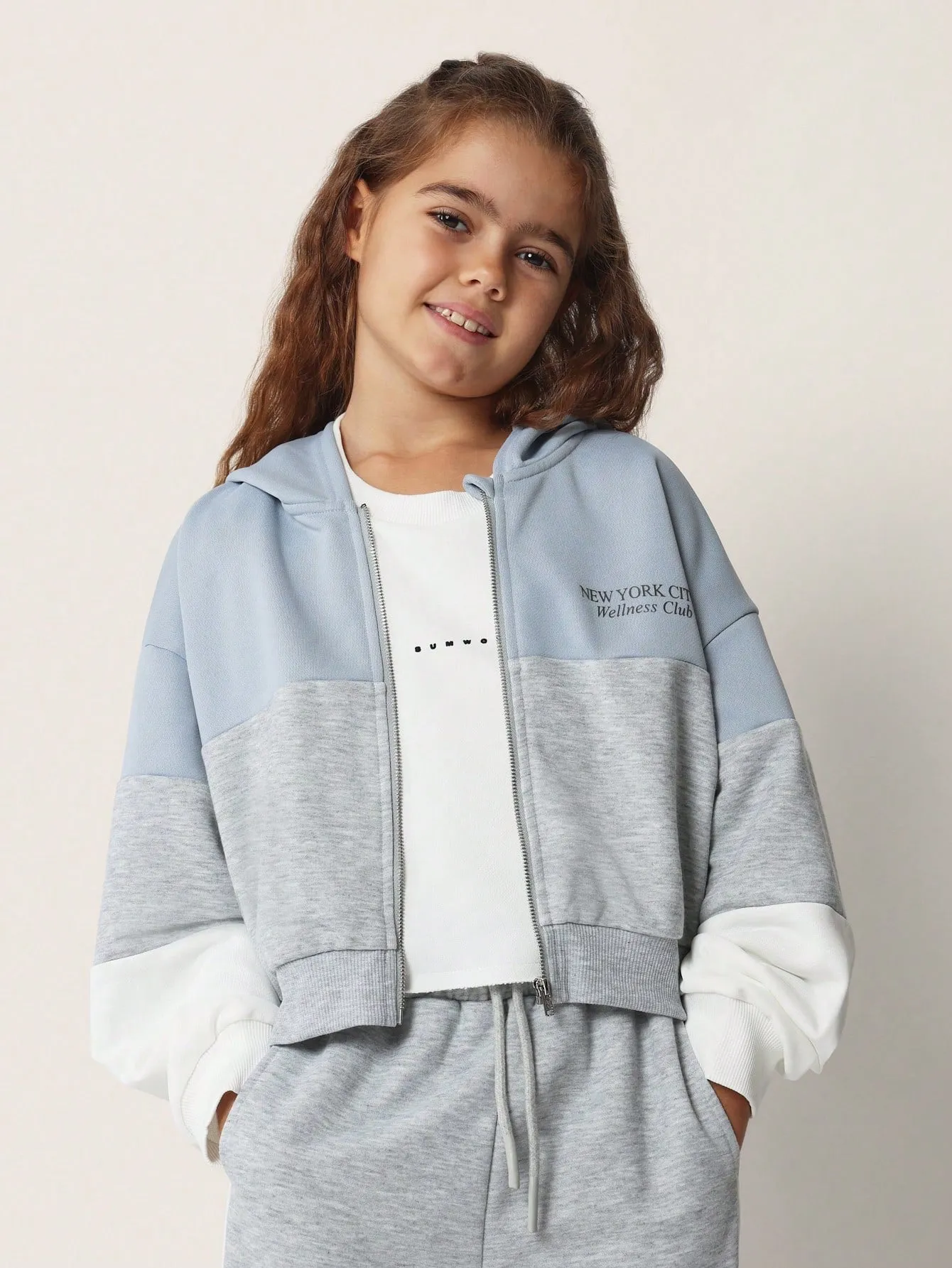 Tween Girls Comfy Zip-Up Colour Block Hoodie & Straight Fit Sweatpants 2 Piece Set