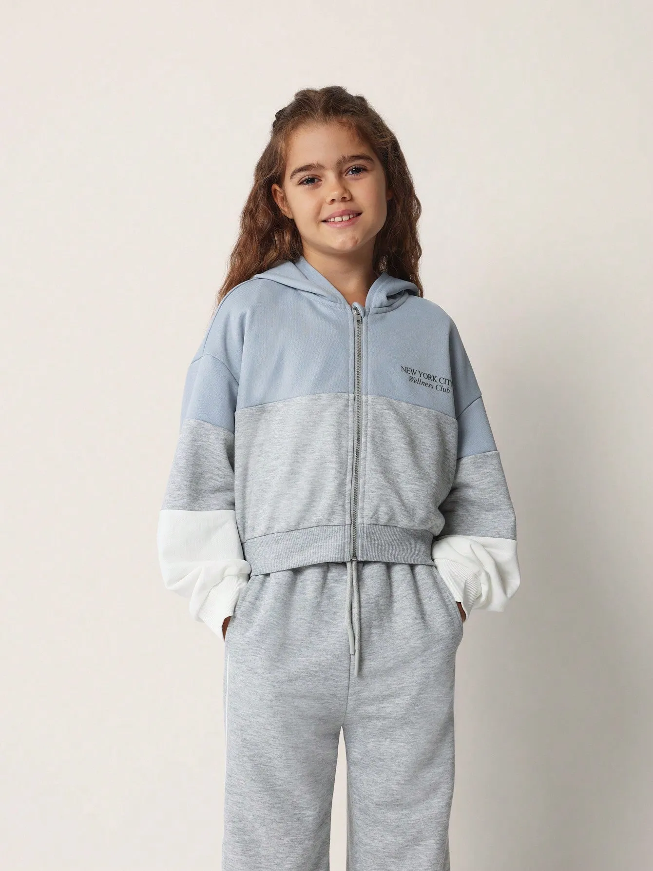 Tween Girls Comfy Zip-Up Colour Block Hoodie & Straight Fit Sweatpants 2 Piece Set