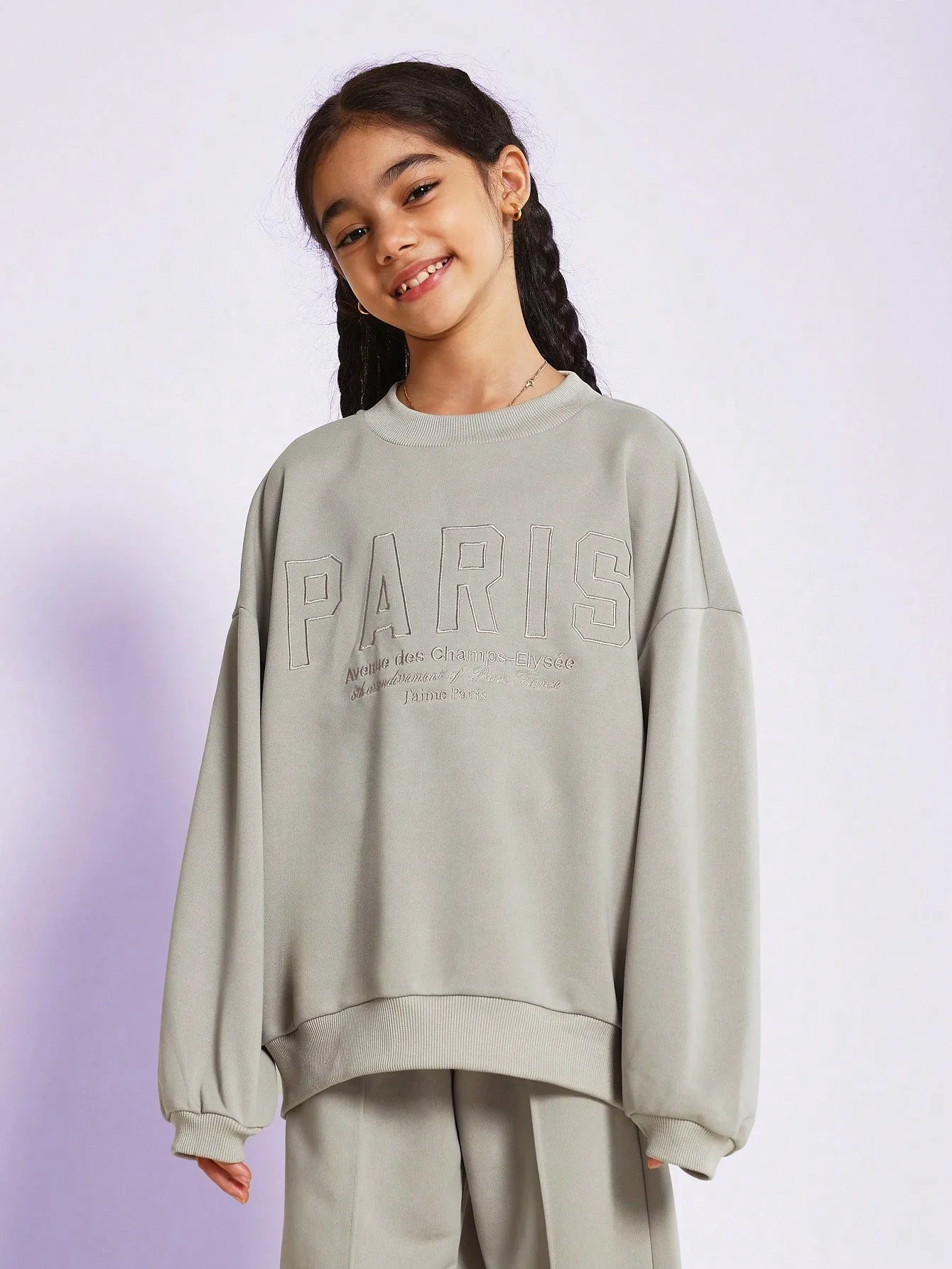 Tween Girls Everyday Play Oversized Crew Neck Sweatshirt With Embroidery And Loose Fit Pant 2 Piece Set