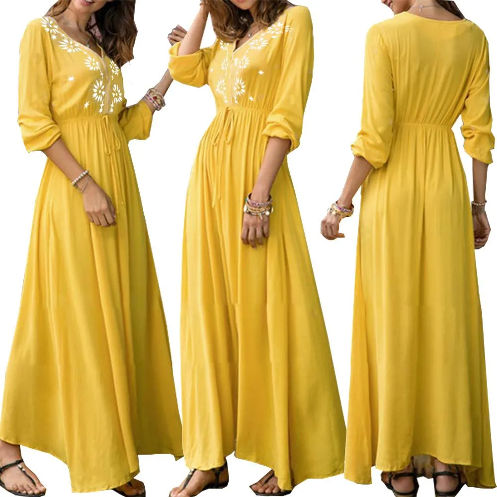 V-neck Long Sleeve Irregular Floral Maxi Dress