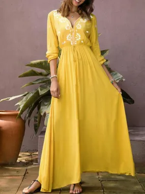 V-neck Long Sleeve Irregular Floral Maxi Dress