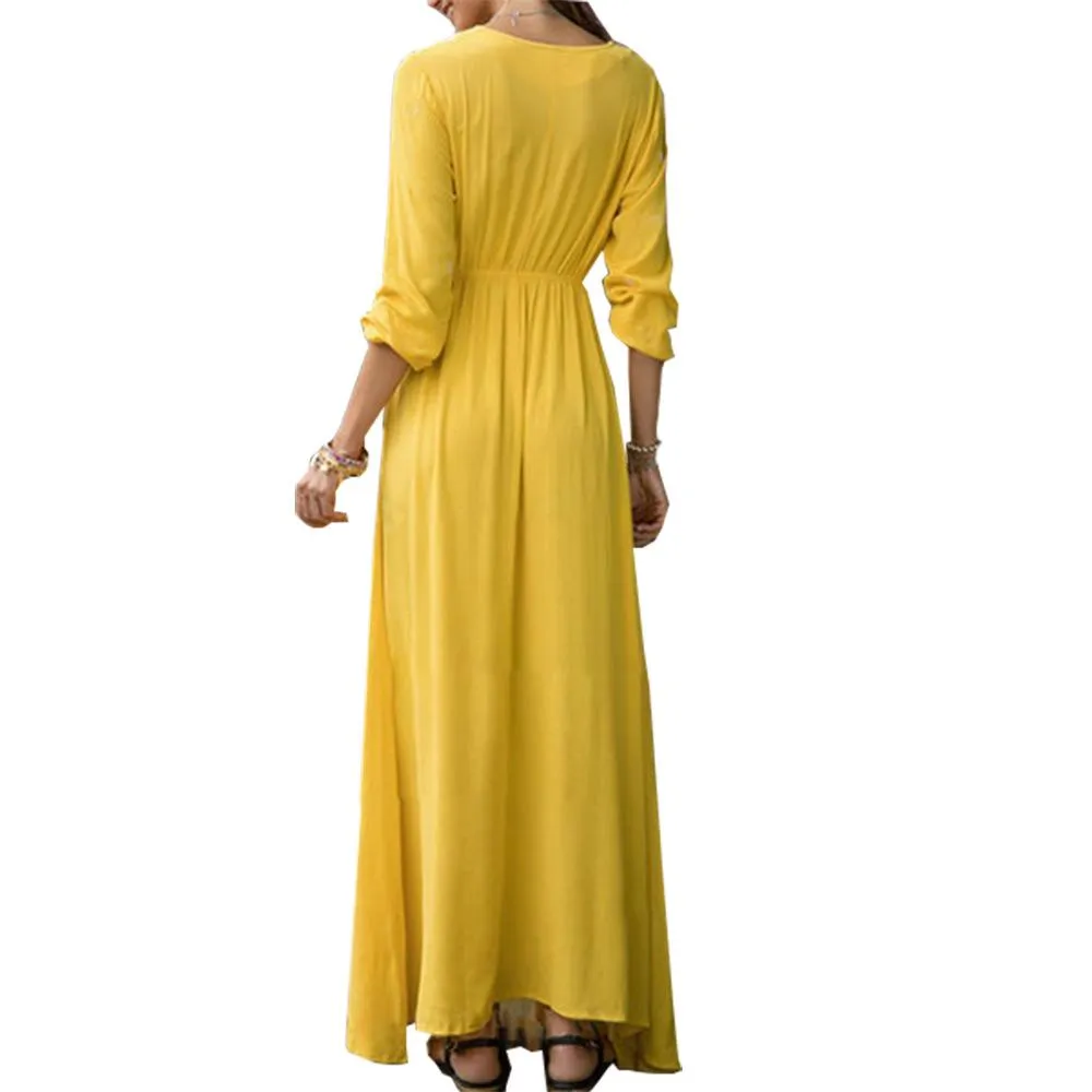 V-neck Long Sleeve Irregular Floral Maxi Dress