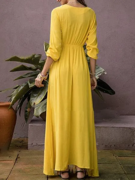 V-neck Long Sleeve Irregular Floral Maxi Dress