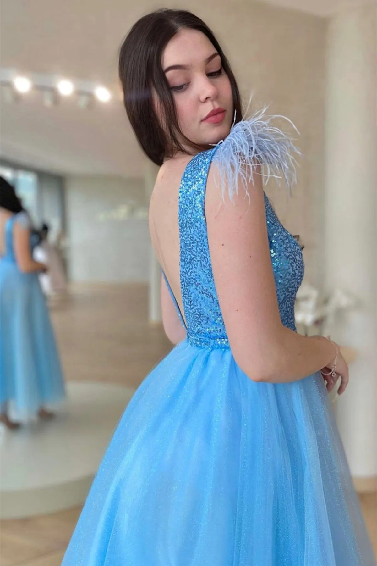 V Neck Shiny Sequins Blue Tulle Tea Length Prom Dress, Blue Tulle Homecoming Dress, Short Blue Formal Evening Dress A1670