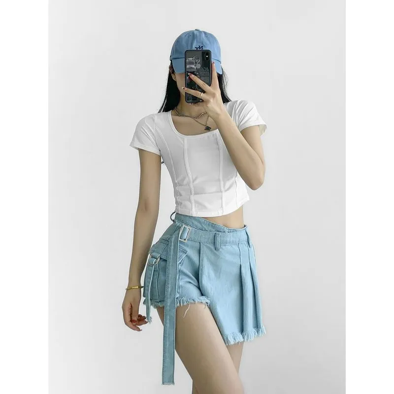 Wenkouban country concert outfit High Waist Lace-up Denim Shorts Women's 2024 Summer New Loose Slimming Hot Girl A- line Wide Leg Fake Two-Piece Culottes