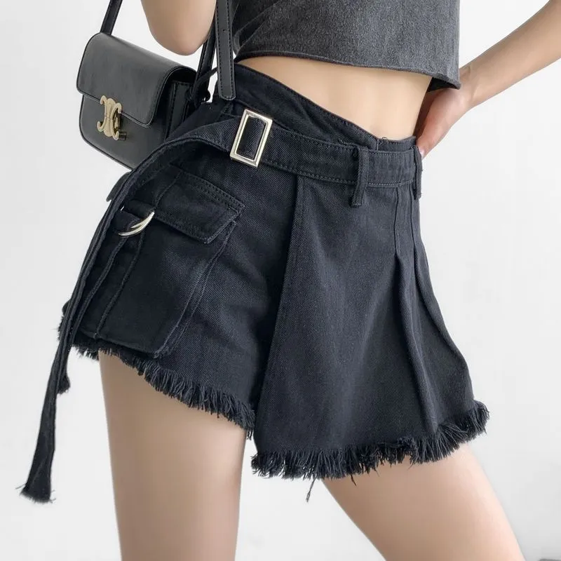 Wenkouban country concert outfit High Waist Lace-up Denim Shorts Women's 2024 Summer New Loose Slimming Hot Girl A- line Wide Leg Fake Two-Piece Culottes