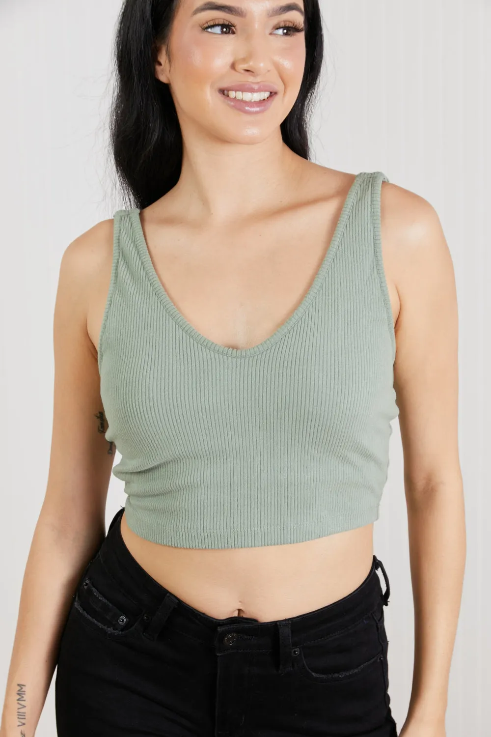 White Birch Sense of It All Full Size Cropped V-Neck Tank Top in Mint