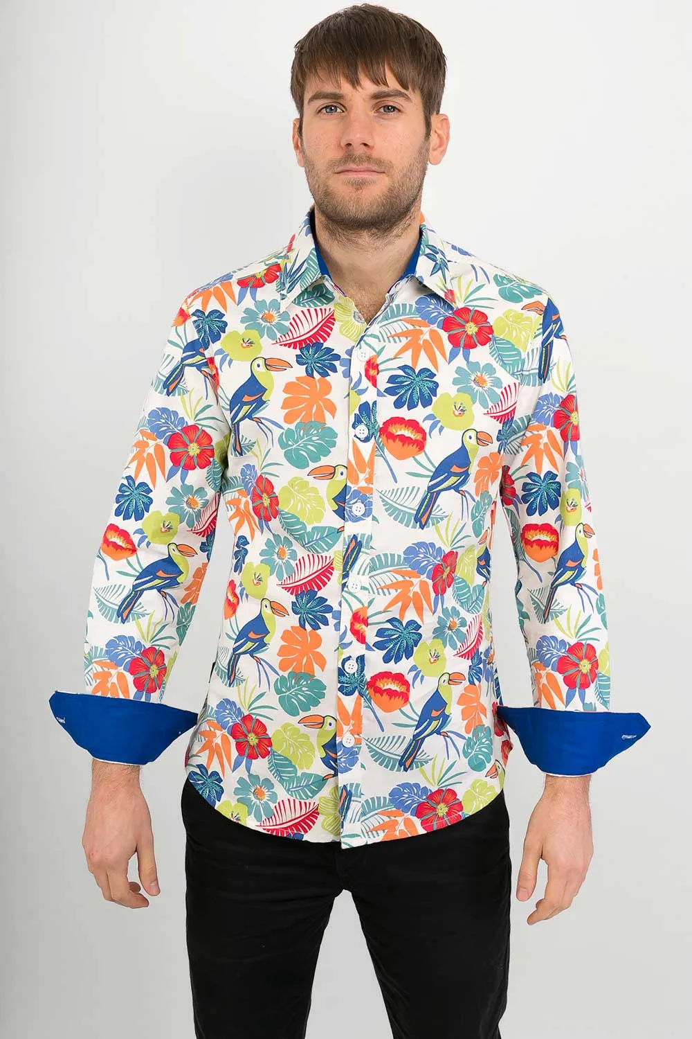 White Tropical Print Cotton Slim Fit Mens Shirt Long Sleeve