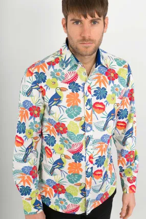 White Tropical Print Cotton Slim Fit Mens Shirt Long Sleeve