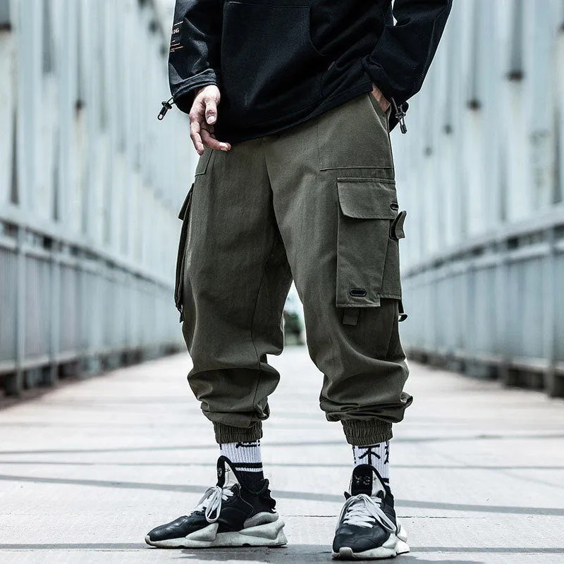 Wiaofellas black men fashion urban National Fashion Functional Style Overalls Men's Autumn and Winter Loose Hip Hop Ins Ankle-Tied Harem Pants Cargo Pants Fashion