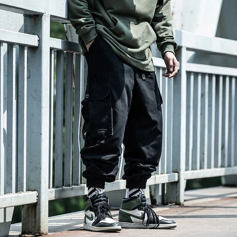 Wiaofellas black men fashion urban National Fashion Functional Style Overalls Men's Autumn and Winter Loose Hip Hop Ins Ankle-Tied Harem Pants Cargo Pants Fashion