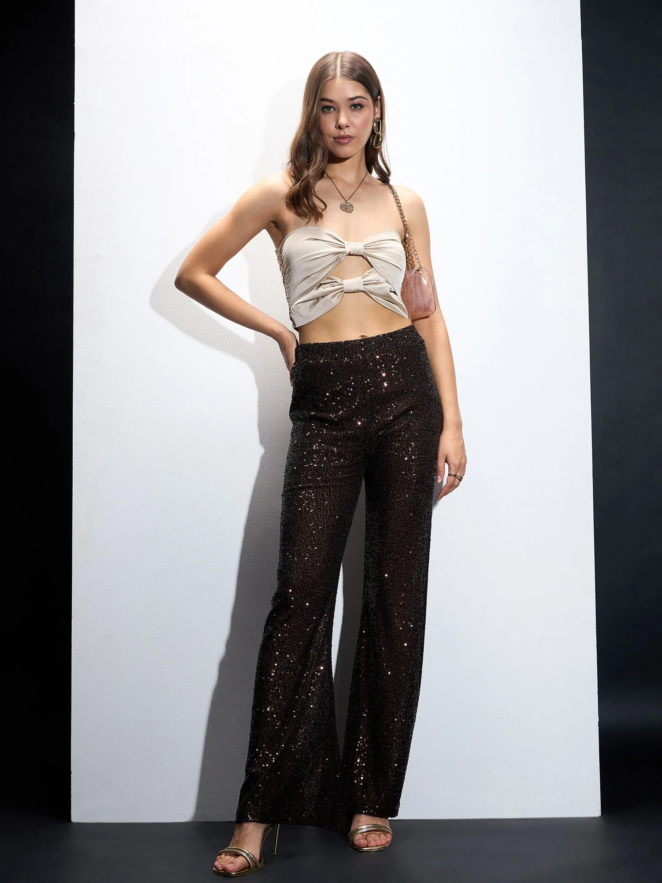 Women Brown Sequin Bell Bottom Pants