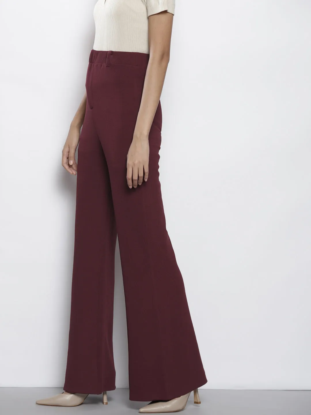 Women Burgundy Bell Bottom Knitted Pants