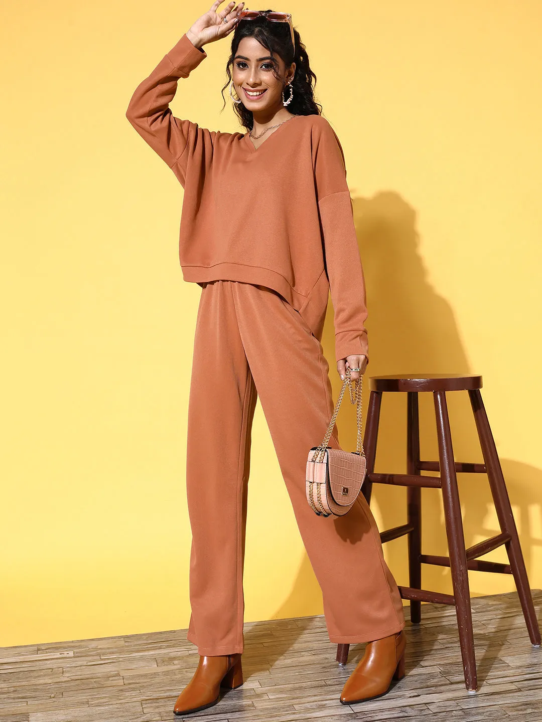 Women Rust Rib Straight Track Pants