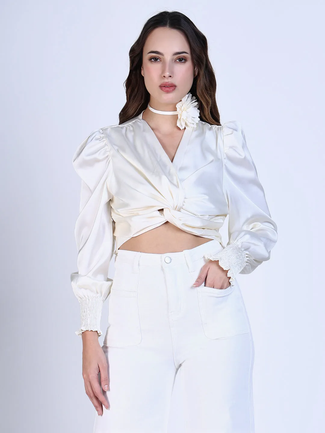 Women Solid Cream Crop Top with Flower Bow