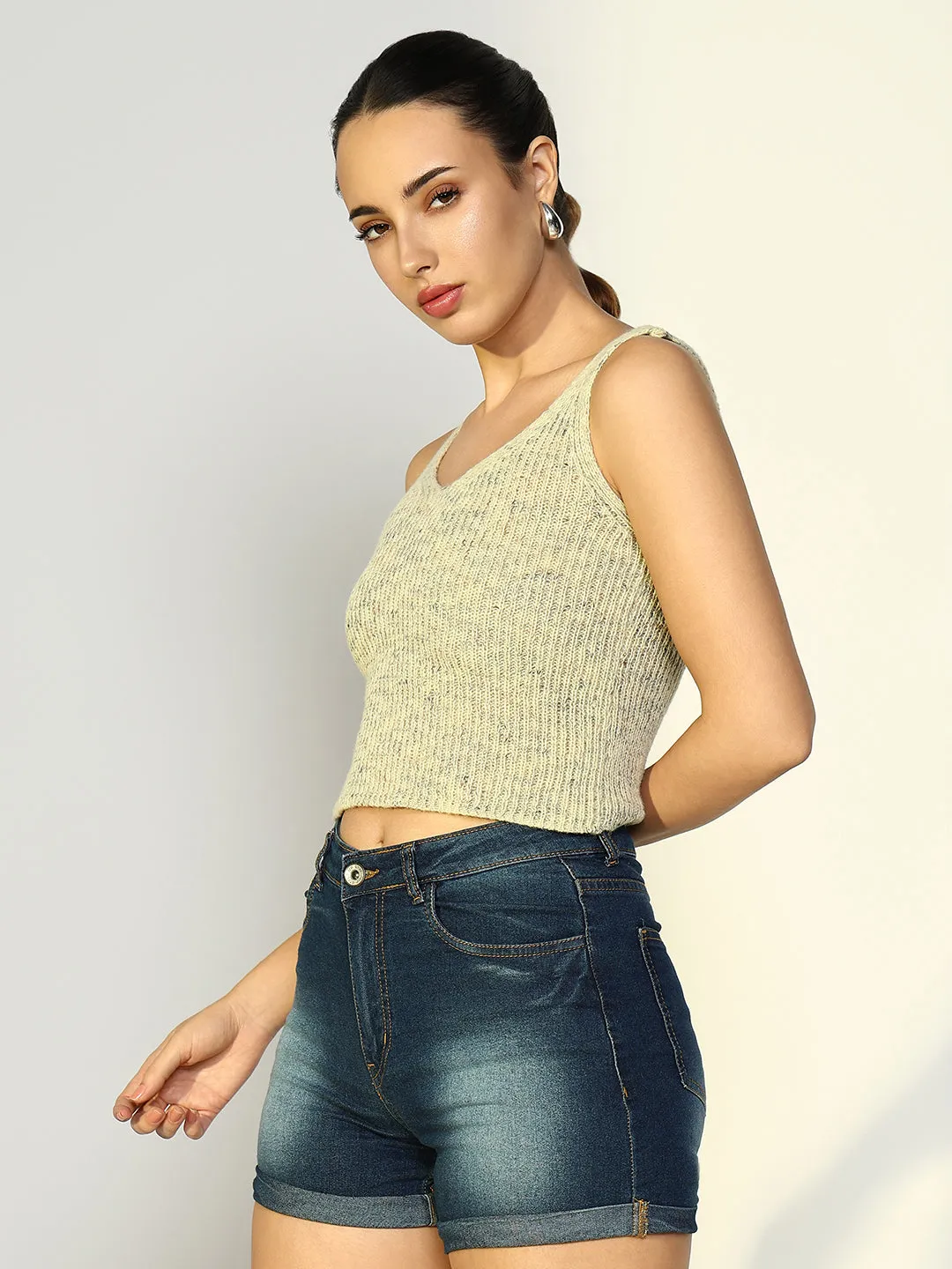 Women Solid Green Crop Top with Shrug