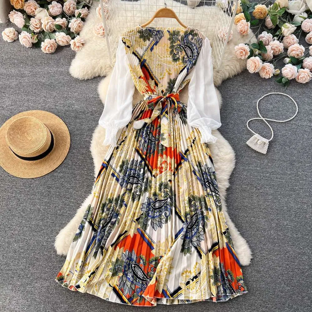 Women's Vintage Floral Pattern Print Long Sleeve Dress with Belt