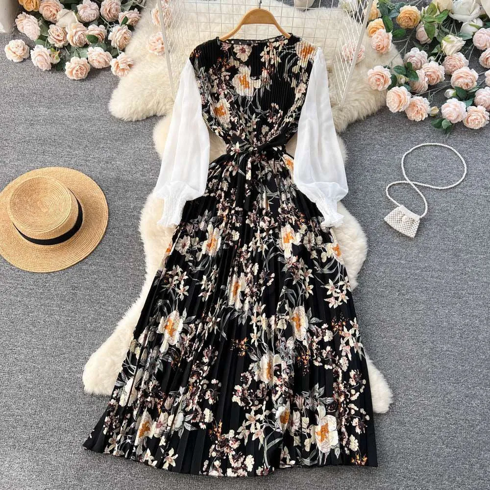 Women's Vintage Floral Pattern Print Long Sleeve Dress with Belt