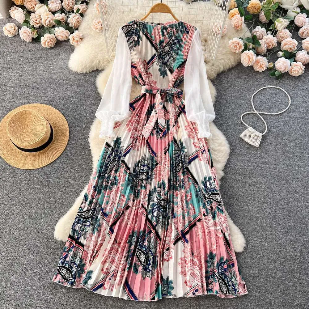 Women's Vintage Floral Pattern Print Long Sleeve Dress with Belt