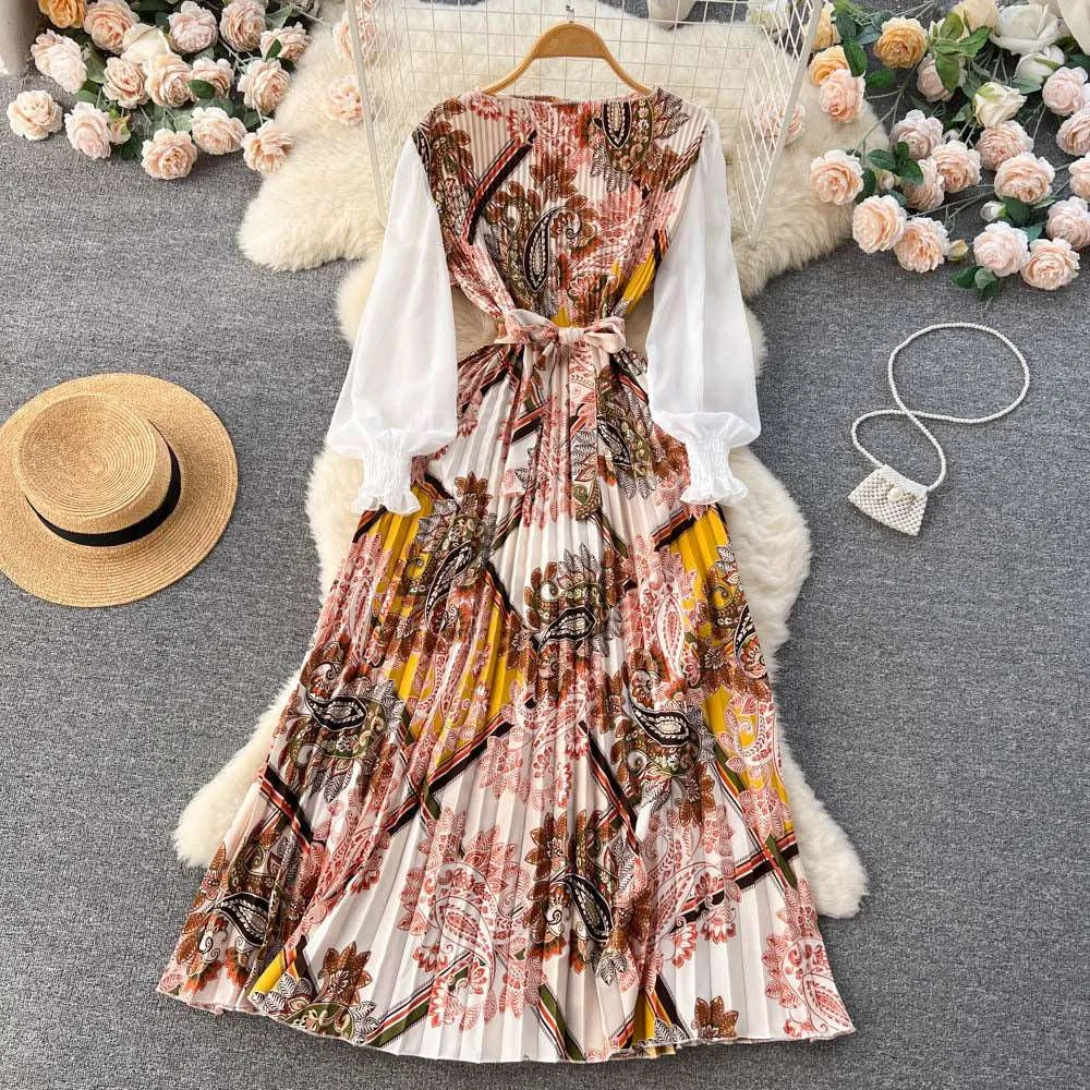 Women's Vintage Floral Pattern Print Long Sleeve Dress with Belt