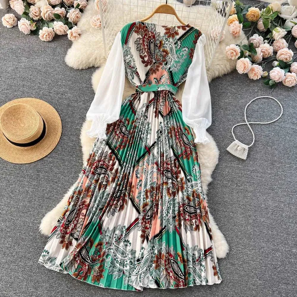 Women's Vintage Floral Pattern Print Long Sleeve Dress with Belt