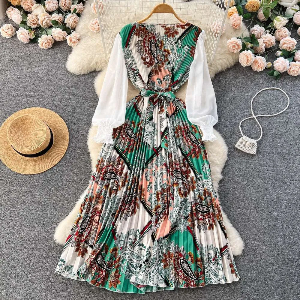 Women's Vintage Floral Pattern Print Long Sleeve Dress with Belt